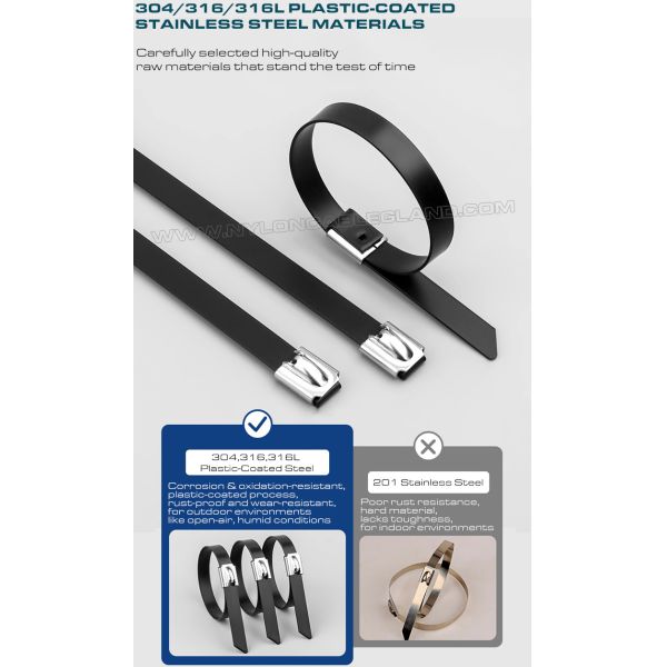 PVC Coated Metal (Stainless Steel) Cable Ties, Version 316L, 316 or 304, L: 200~1100mm x W: 16mm, 200 Lbs, Outdoor Use