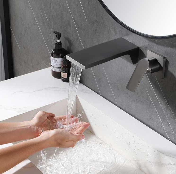 Flat Wide Waterfall Bathroom Sink Faucets Wall Mount Basin Mixer Tap Anti Fingerprint Black