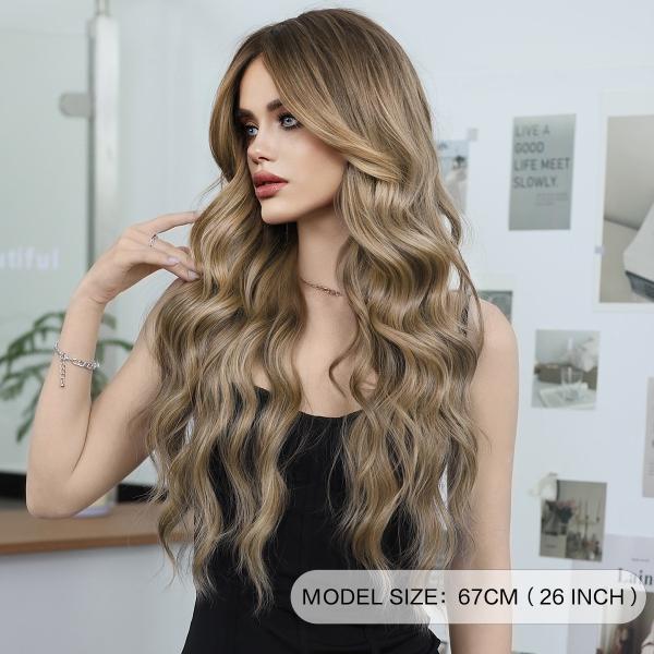 Fashion Long Body Wave Dark Root Hair  Brown/Blonde Synthetic Wigs For Women