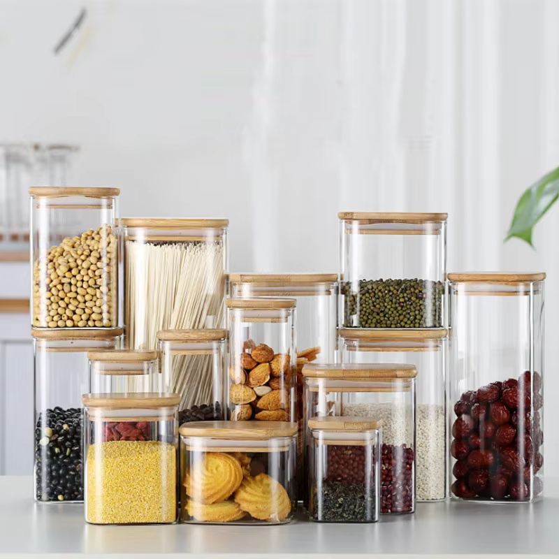 Customized Kitchen Bamboo Lid Borosilicate Glass Jar Square Shape 200ml For