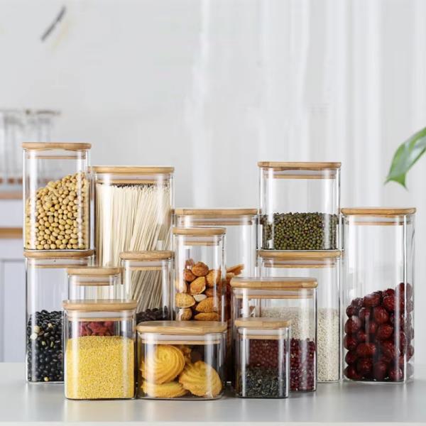 Customized Kitchen Bamboo Lid Borosilicate Glass Jar Square Shape 200ml For Spice