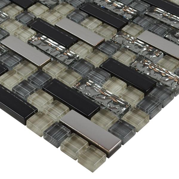 Black Strip Silver Glass And Metal Tile Backsplash , Mini Glass Kitchen Wall Tiles