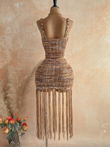 Bohemian Summer Dress with Handmade Braided Rope Trim in Flattering Tropical Orange Tone and Premium Light Sweater Knit