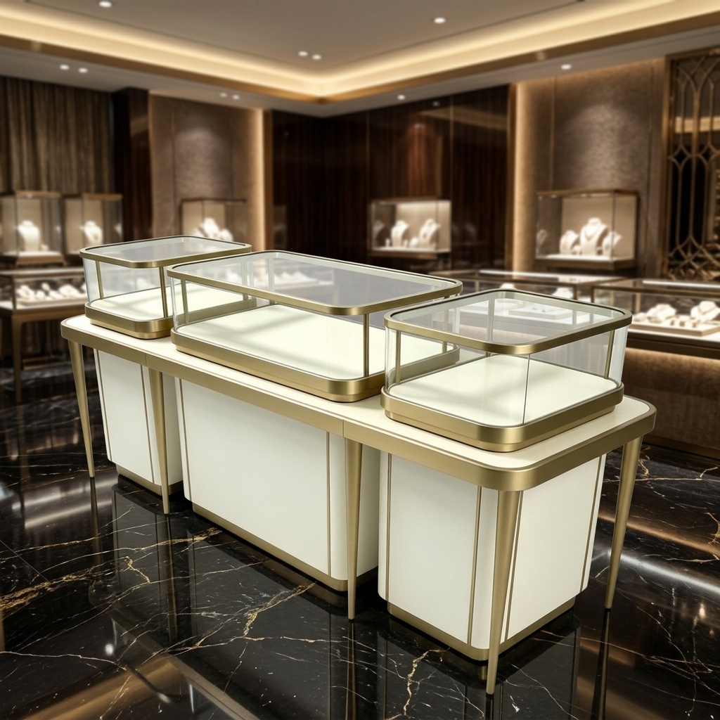 Modern Luxury Jewelry Display Case with Ultra-Clear Tempered Glass and Integrated LED Lighting for Lockable Island Display Cabinet