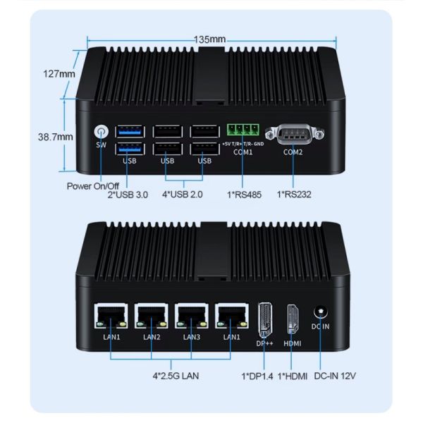 12th Gen Intel N100 Fanless Mini PC with Quad Core Processor 4x 2.5G Intel NICs and Dual OS Compatibility