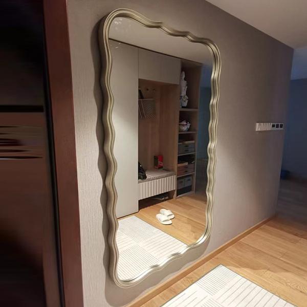 Wavy Beveled Floor Mirror Wood Frame 600mm For Modern Bedroom Decoration