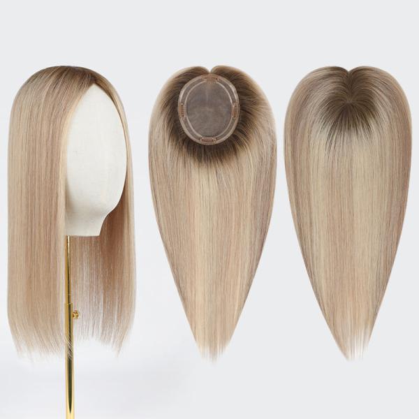16 Inch Silk Base Hair Topper 5X5 Light Brown Ombre European Hair Wigs Topper Custom Remy 100% Human Hair Topper for Women
