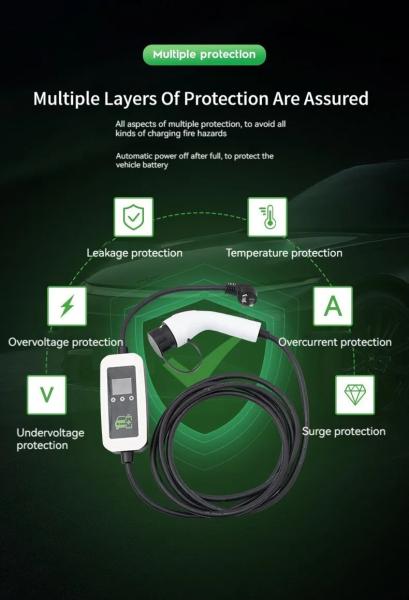 Temperature Protection EV Charger with 16A Output Current and 5 Meter Cable