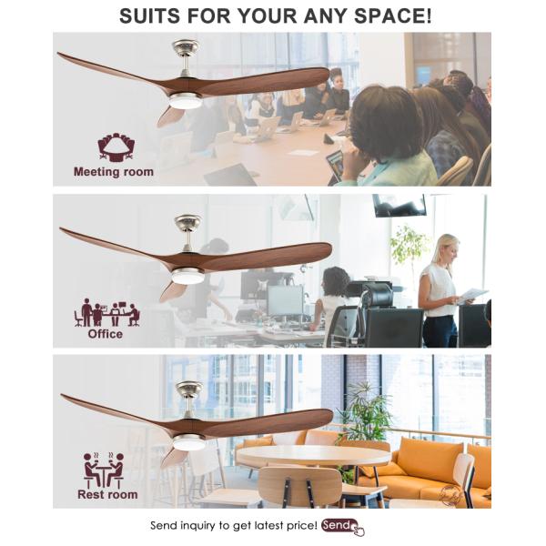 Ventilador de teto com controle remoto inteligente com 3 lâminas de madeira natural e material de corpo de lâmpada de metal
