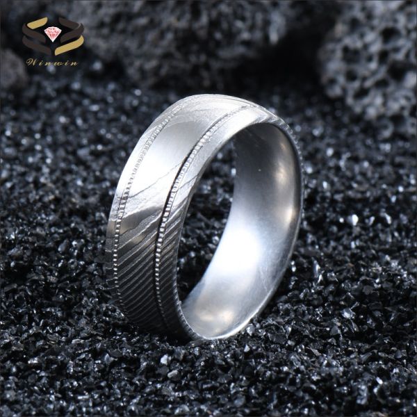 8mm Damascus Steel Men's Wedding Band with Double Gear Groove and Customer's Logo