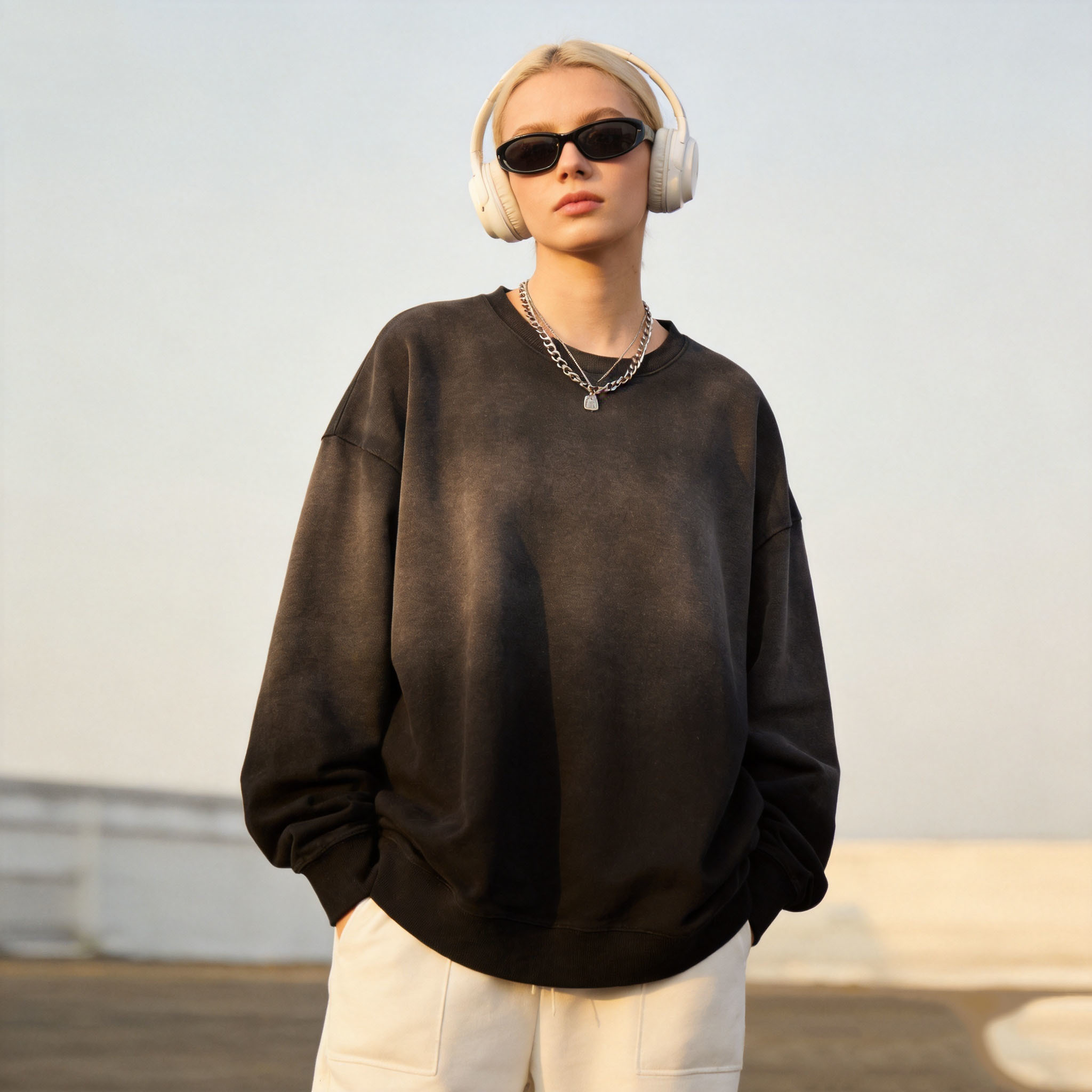 Gradient Stone Wash French Terry Crewneck Sweatshirt, Oversize Drop Shoulder Pullover For Men