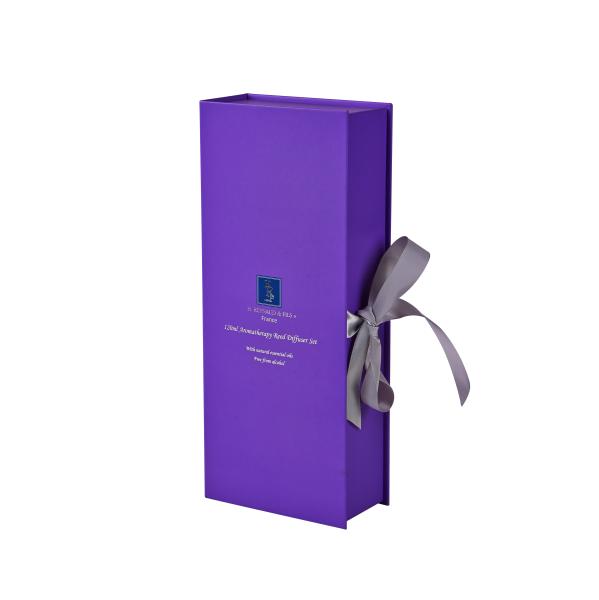 Luxury Purple Magnetic Aromatherapy Box With Silver Foil Logo Ribbon Bow For Essential Oil