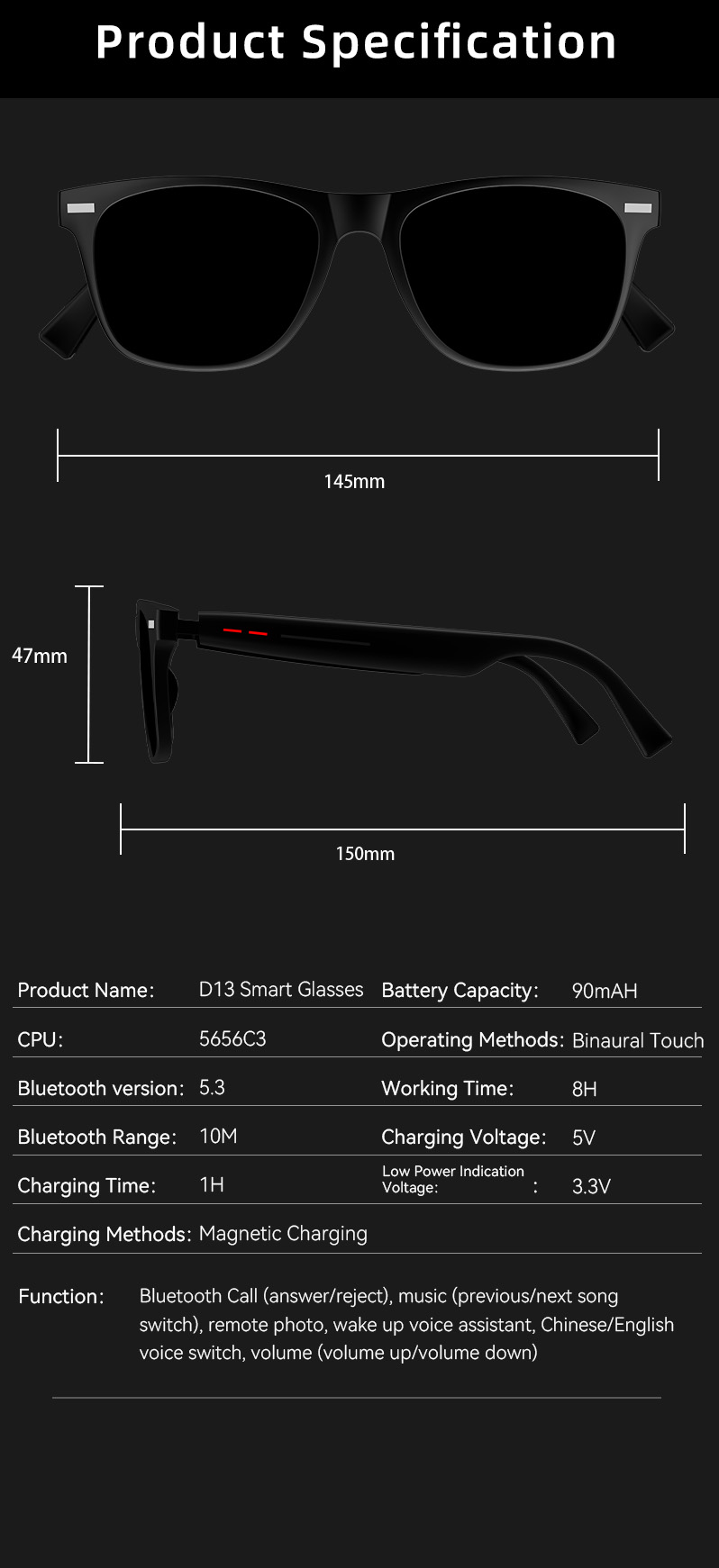 SHUNXIANG D13 Smart Glasses Wireless Audio Semi-open Stereo Surround Sound BT 5.3 Multi-function Call Voice Touch Photo