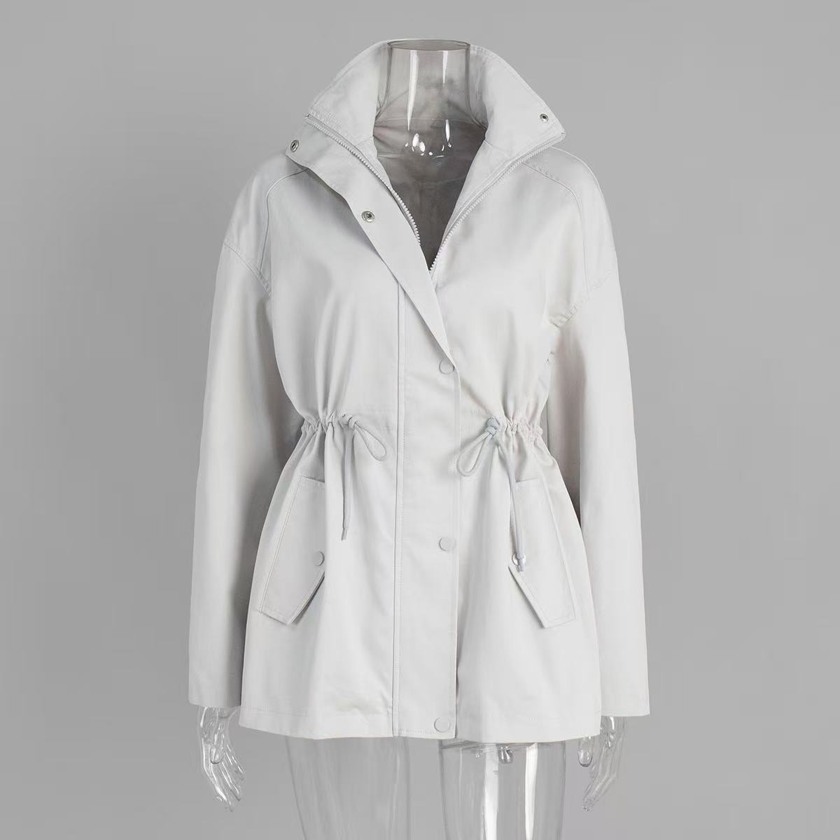Women's Lightweight Windbreaker Jacket with Adjustable Drawstring Waist and High Stand Collar