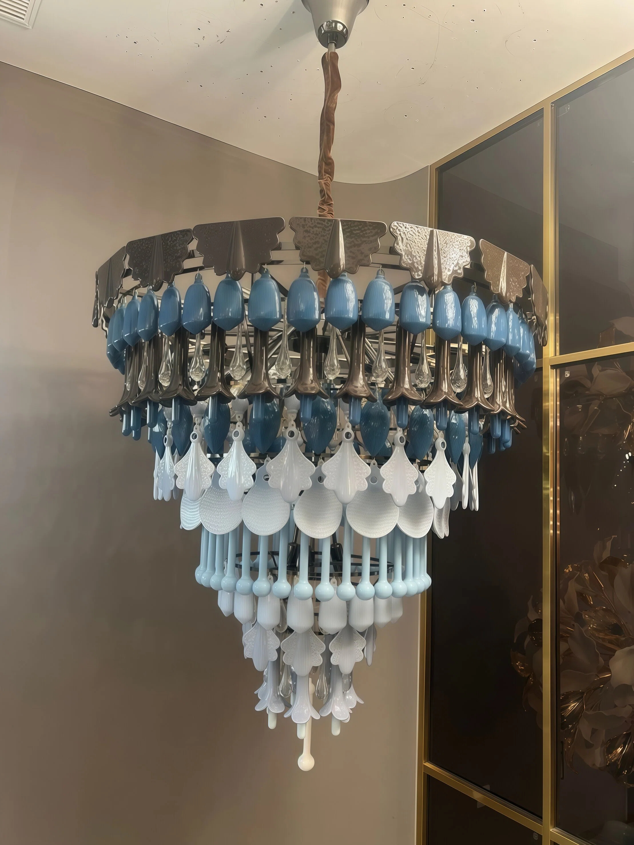 JYLIGHTING Modern Multi-Tier Pastel Ceramic & Gold Iron Chandelier, Statement Colorful Pendant Light for Living Room & Dining Space