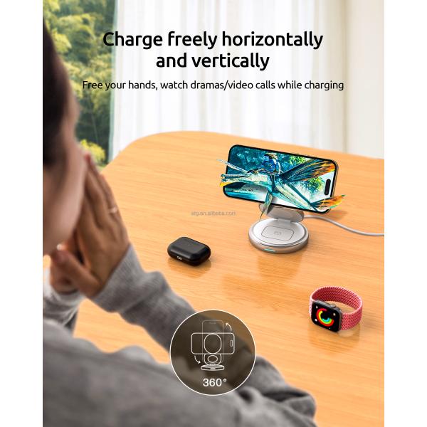 Zinc Alloy 3 in 1 Wireless Charging Station Fast Charging 360 Rotating Folding