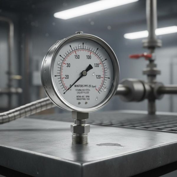 WINTERS PFP-25 Stainless Steel Pressure Gauge with Liquid Filled Design and NEMA 4X / IP66 Rating for Industrial Applications