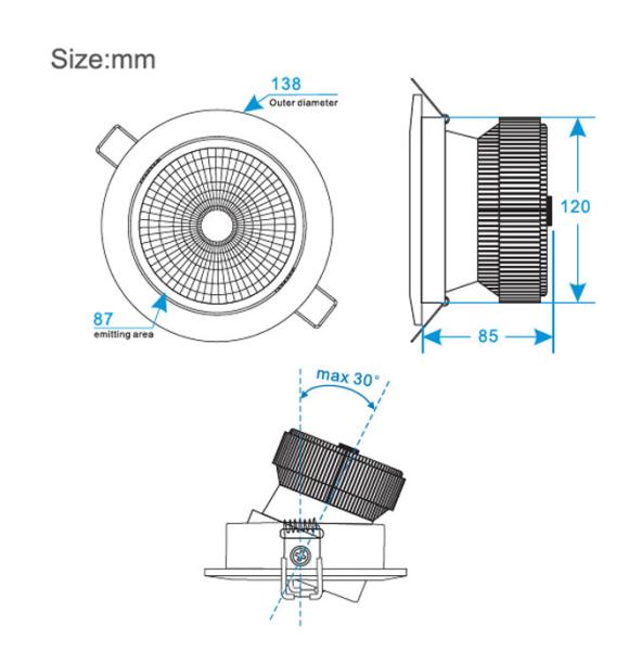 2016 COB LED downlight 15W cut out 120mm 3 years warranty