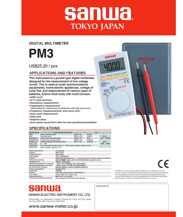 SANWA Digital Analog Multimeter Series | High Accuracy Class 0.5 | 600V AC/DC Voltage 10A Current | Low Battery Indicator | Made