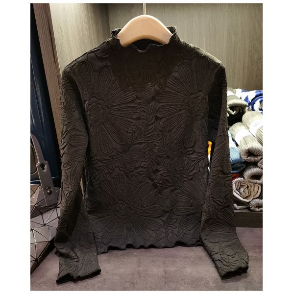 Japanese Pleated Stand Collar Long Sleeve T-shirt Top Printed Pleated Embodying Pleated Process Makes Flower Fashionable