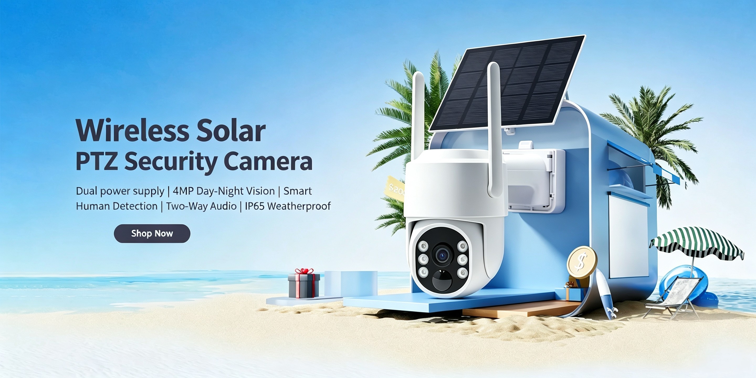 4MP Solar Security Camera Outdoor Wireless WiFi PTZ Surveillance Camera, Built‑in Battery, AI Human Detection, Two‑Way Audio, Dual Light Night Vision, IP66 Waterproof for Home Outside Monitoring