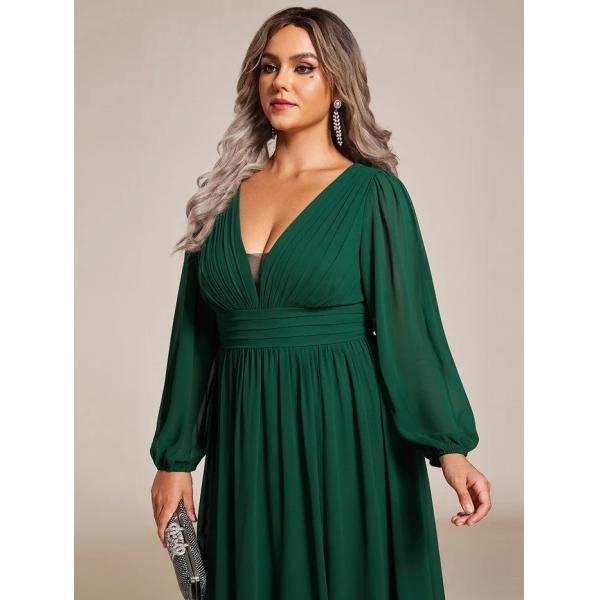 V-neck Plus Size Enchanting Lotus Leaf Lantern Sleeve Pleated Empire High Waist A-line Dark Green Chiffon Prom Dress