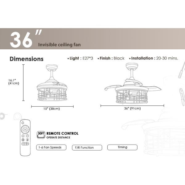 36 polegadas Cage de aço interior E27 * 3 lâmpada LED ventilador de teto invisível com lâmina retrátil