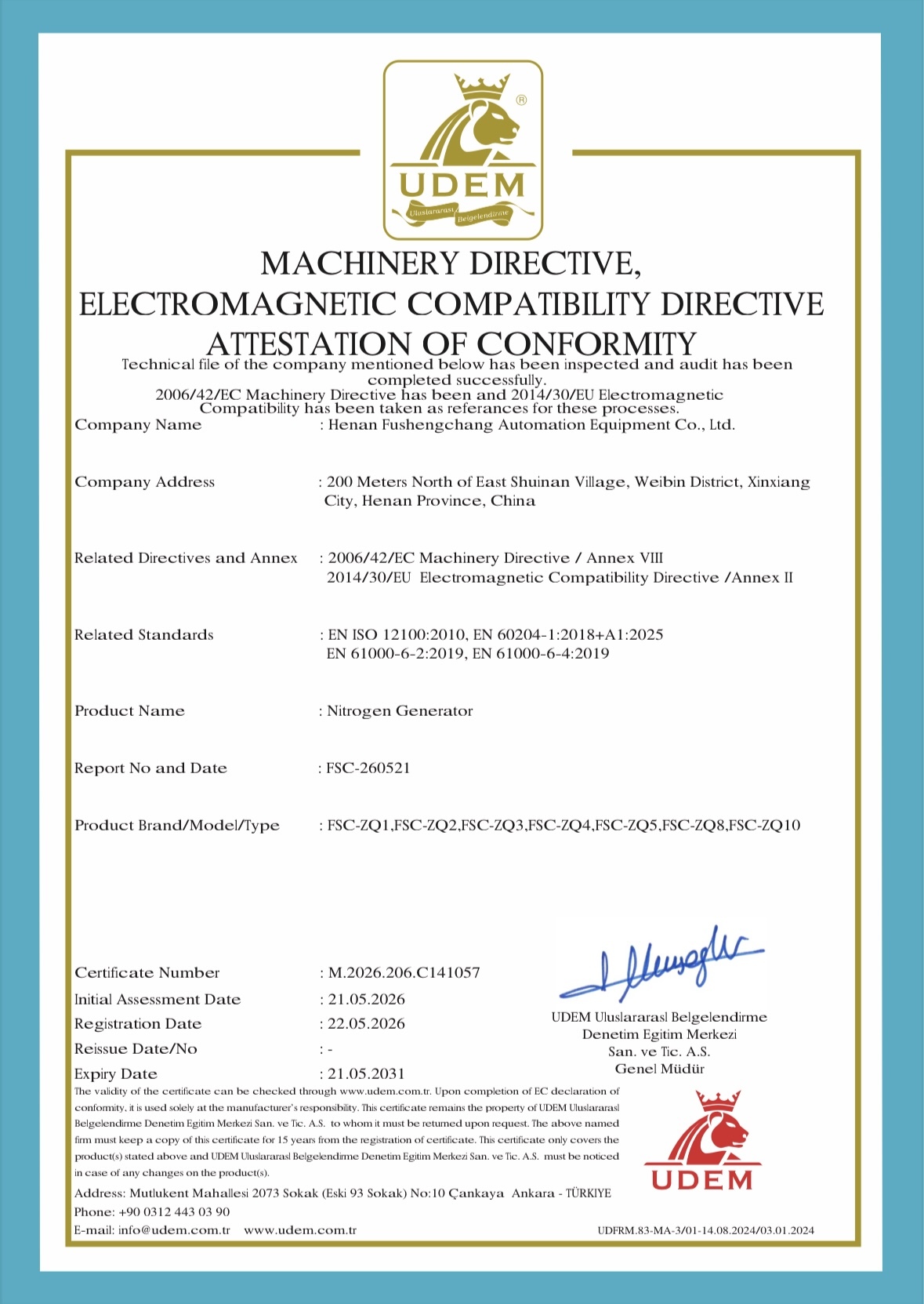 Henan Fushengchang Automation Equipment Co., Ltd. Certifications