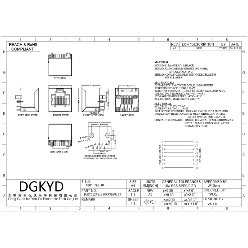 DGKYD52A1188GWA3DY9143 52A RJ45 8P8C Connector In Line 180 Degree Socket