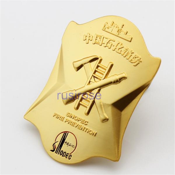 Fire safety reward badge made to order, matte gold metal badges made to order, fire brigade badges