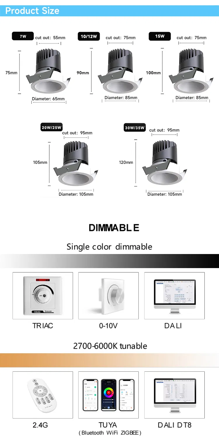 High CRI90 Eye Protection LED Recessed Ceiling Down Light, Frameless Design 15W COB Spot Light for Commercial & Residential Home Lighting
