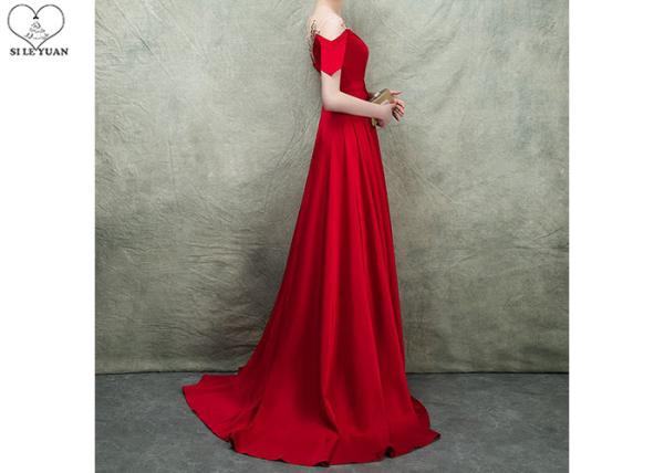 Short Sleeve Long Tail Gown / Red Satin Evening Gown Bust Back Beaded For Women