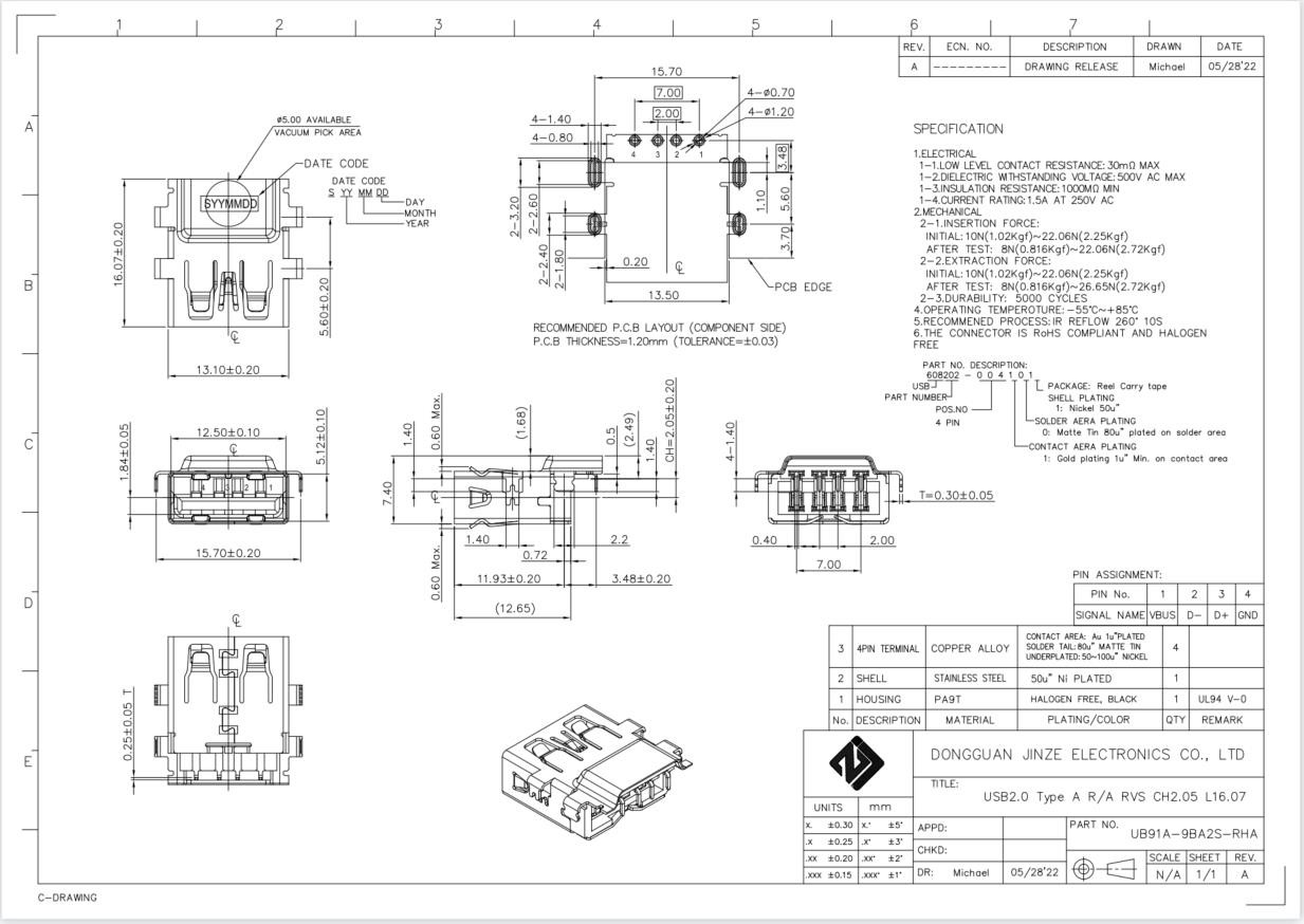 OEM Тип A ПКБ DIP USB 2.0 Коннектор Socket USB Pin R/A RVS HF CH2.05mm