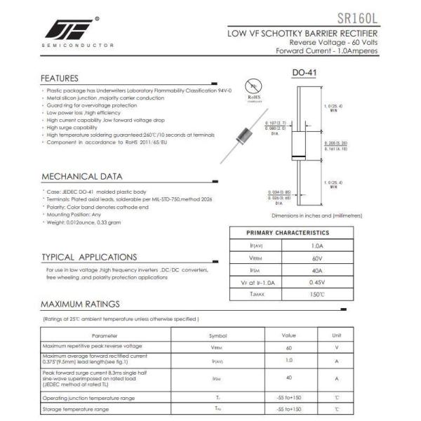 Low Vf Schottky Barrier Rectifier Diode SR1200L with DO-41 Package and Alloy Structure
