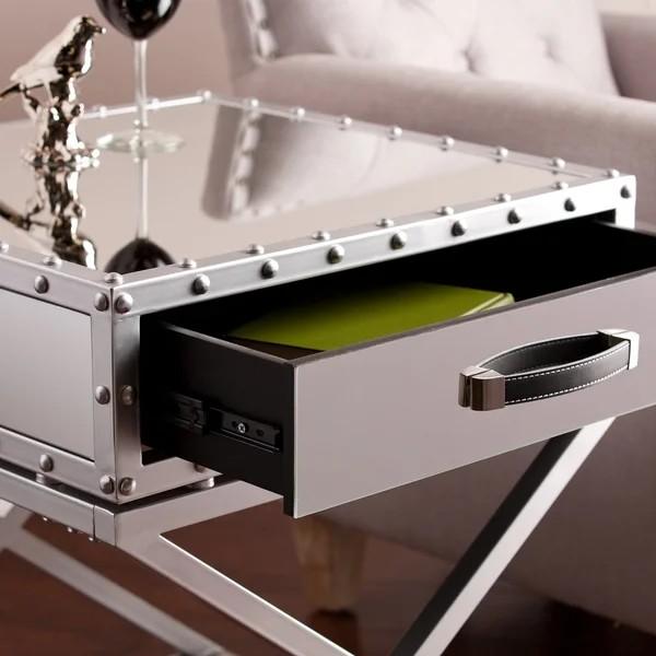 Rivet style 1 drawer silver mirrored nightstand X base end table corner table for bed room