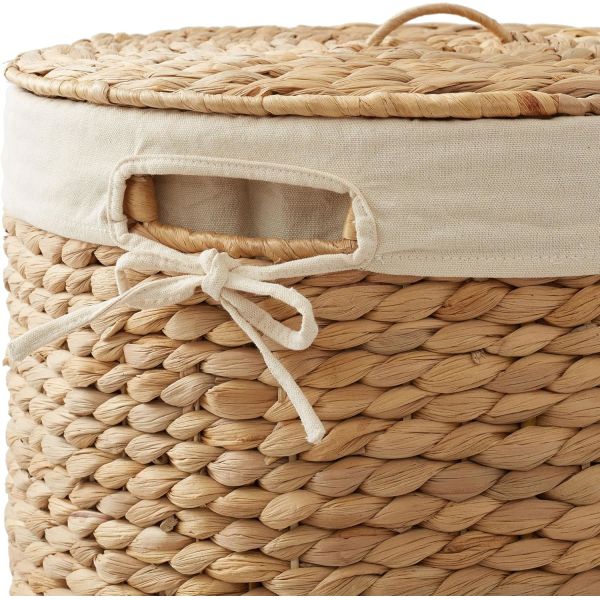 Round Laundry Hamper With Lid And Removable Liner Bag - Natural, Woven Water Hyacinth Wicker Laundry Basket For Clothes And Towels