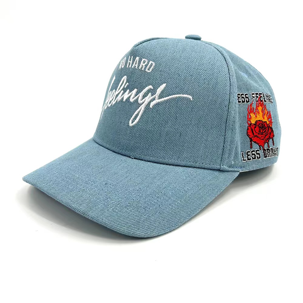 Custom A frame Denim Baseball Caps Fabric 3D Embroidered 5 pane Deniml Two tone