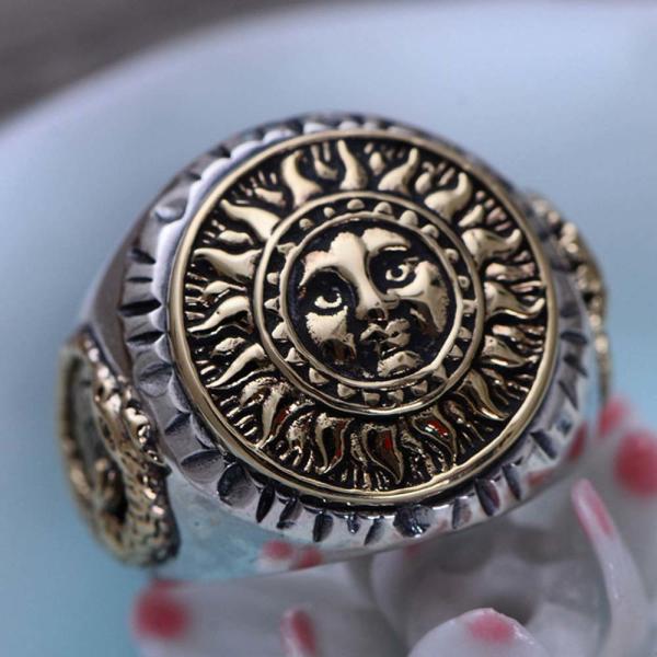 Antiquated Sterling Silver Brass 2 Tone Sunflowers Design Men Ring (058842)