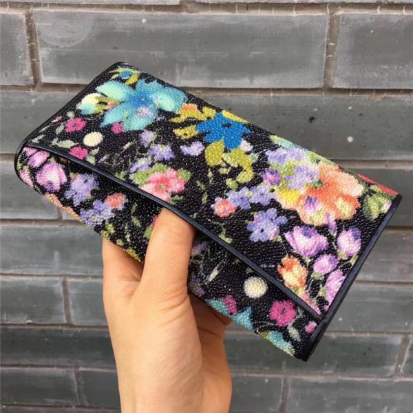 Authentic Stingray Skin Female Long  Flower Trifold Wallet Genuine Leather Lady Large Clutch Bag Women Floral Coin Purse