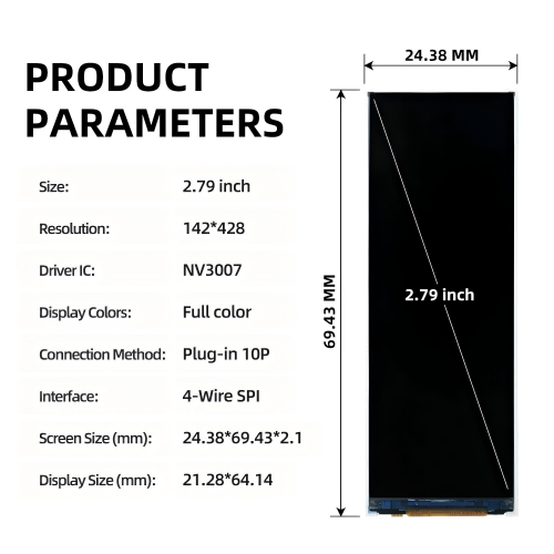 2.79 Inch IPS 142x428 Resolution SPI Interface NV3007 Driver 10Pin LCD Bar TFT LCD Screen 2.8 10 Pin Stripe LCM Display Small