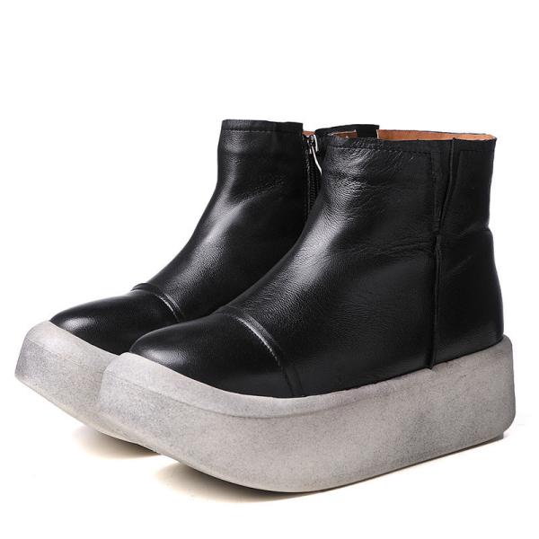 S040 Round toe retro leather women's boots fluffy flat wedge heel literary fan original handmade thick-soled women's