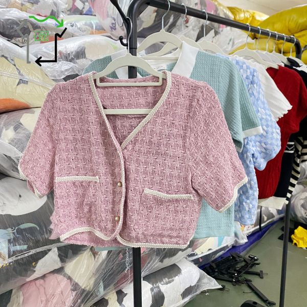 Wholesale Women's Knitted Short-sleeved Cardigan Used Clothes Polyester/Cotton High Quality Clean 95-100% Strictly-Sorted Bales Second Hand Clothes