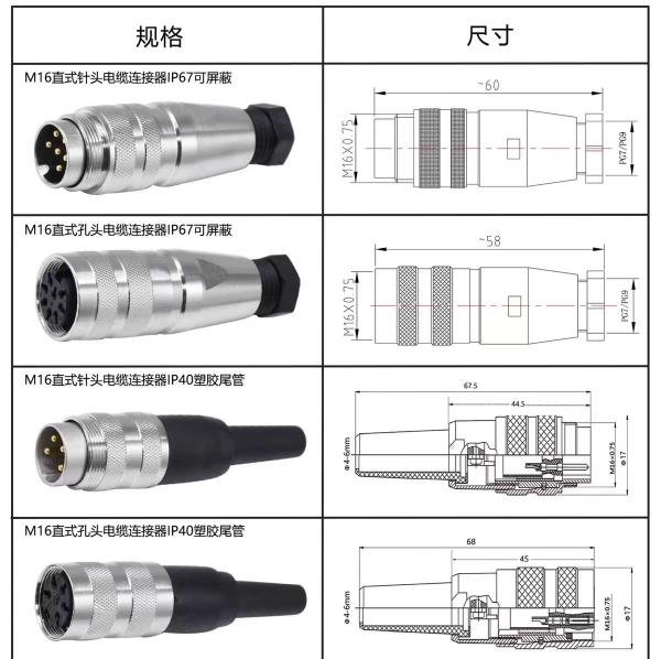 IP67 Waterproof Electrical Cable Connector 4 Pin 6 Pin
