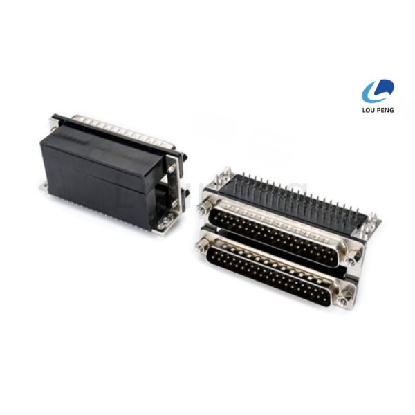 37PIN Double-deck D-SUB Connector male 8.08mm semi-metal black glue, riveted vent harpoon 19.05mm, screw fastening, 90 degree