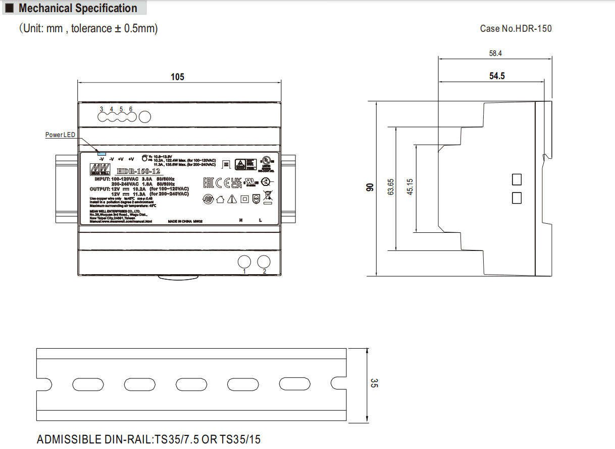 120-135W LED Power Supply with Adjustable DC Output Voltage and DIN Rail Mountable