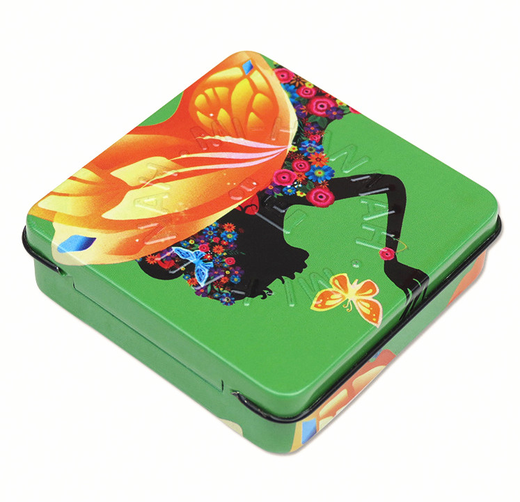 Square Rectangular Tin Box with hinged lid with plastic inner and mirror