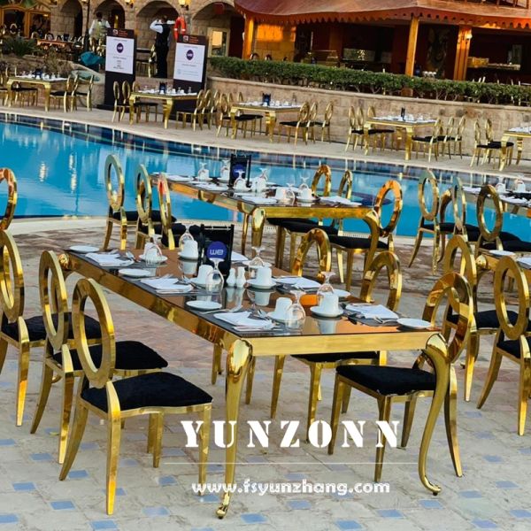 Modern Rectangular Dining Table With Stainless Steel Frame and Glass Top for Outdoor Events for Weddings Hotels