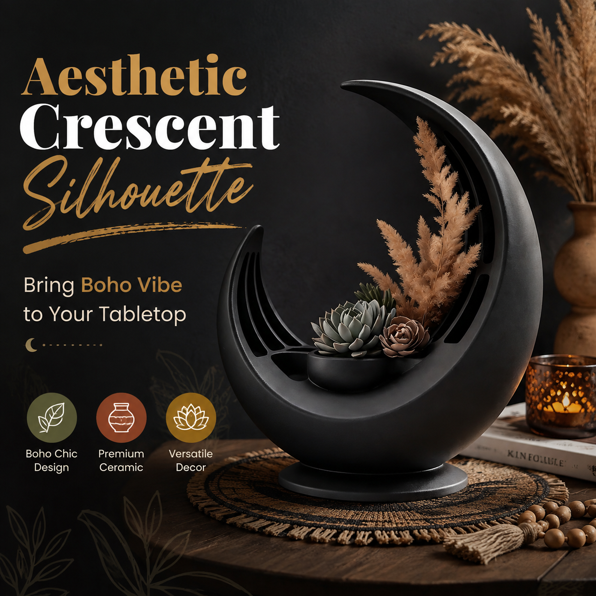 Matte Dried Flowers 3D Printed Decor Curved Crescent Sculpture Multi Compartment Vase