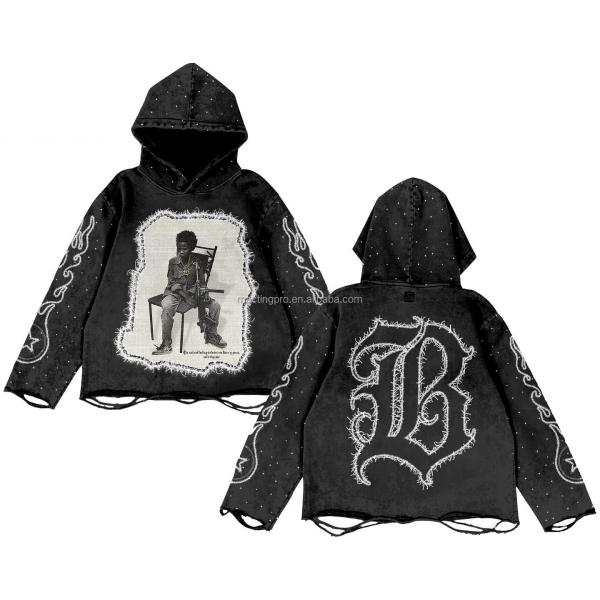 Black Vintage Rhinestone Hoodie Distressed Embroidery Patch 220 Grams Heavyweight Acid Wash