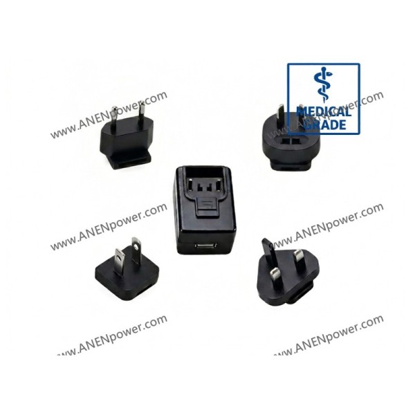 6W Medical AC/DC Adapter, Interchangeable Plug, IEC60601 2×MOPP, 5V 1.2A / 12V 0.5A Low Leakage